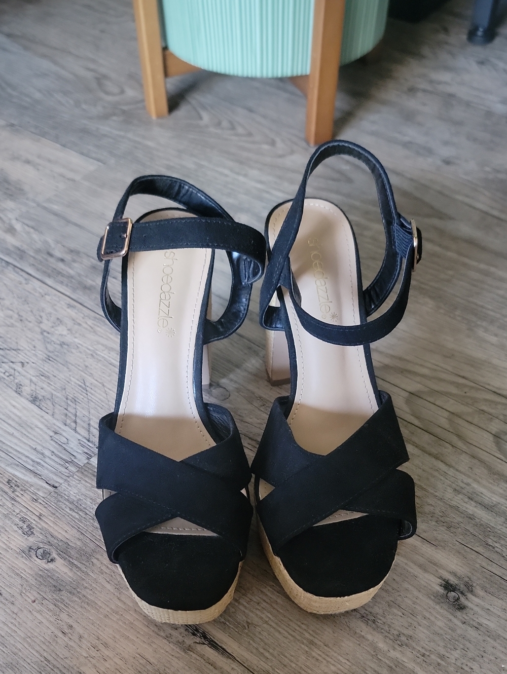 Shoe Dazzle Black Suede Crisscross Platform Sandals